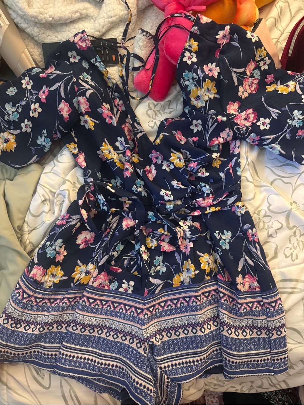 Francesca's Collections Navy Floral Short Romper with Belt